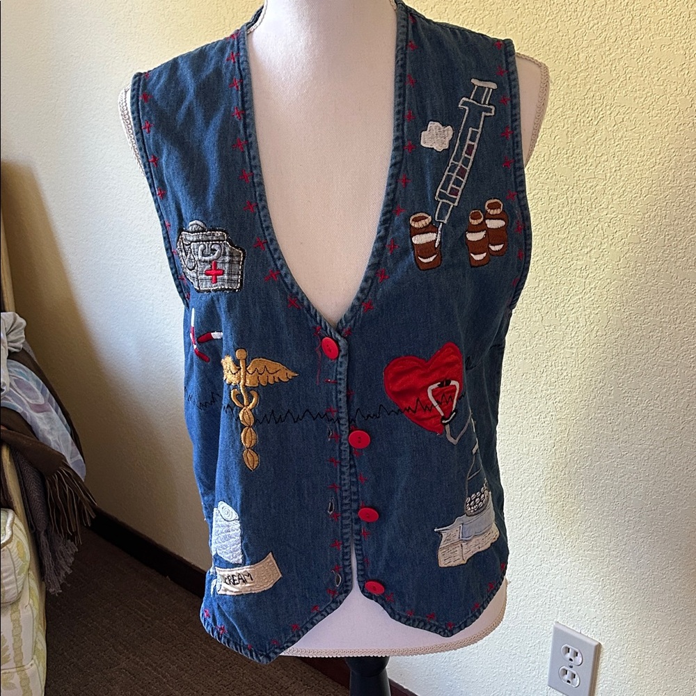New Directions nurse Floral Embroidered Denim Vest
